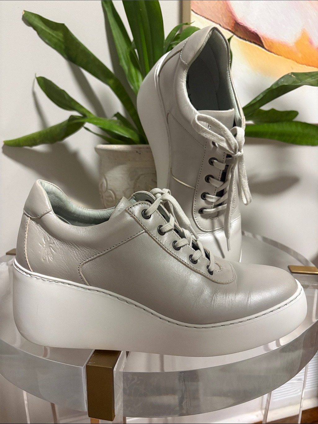 Fly London Dipo Wedge Trainers In Silver Leather With A Thick White Wedge Sole